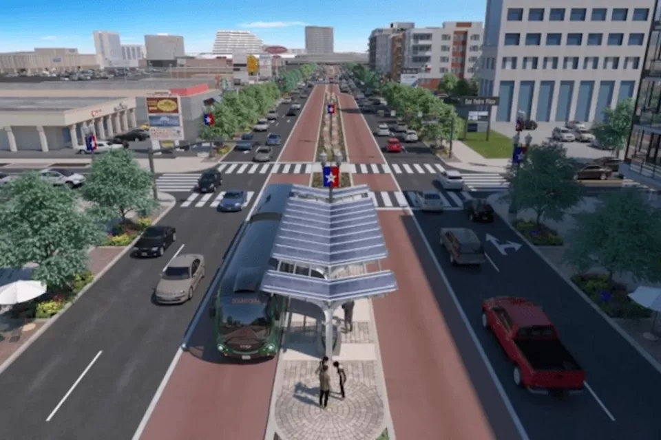 Rendering of bus rapid transit station in center of four-lane street in San Antonio, Texas.